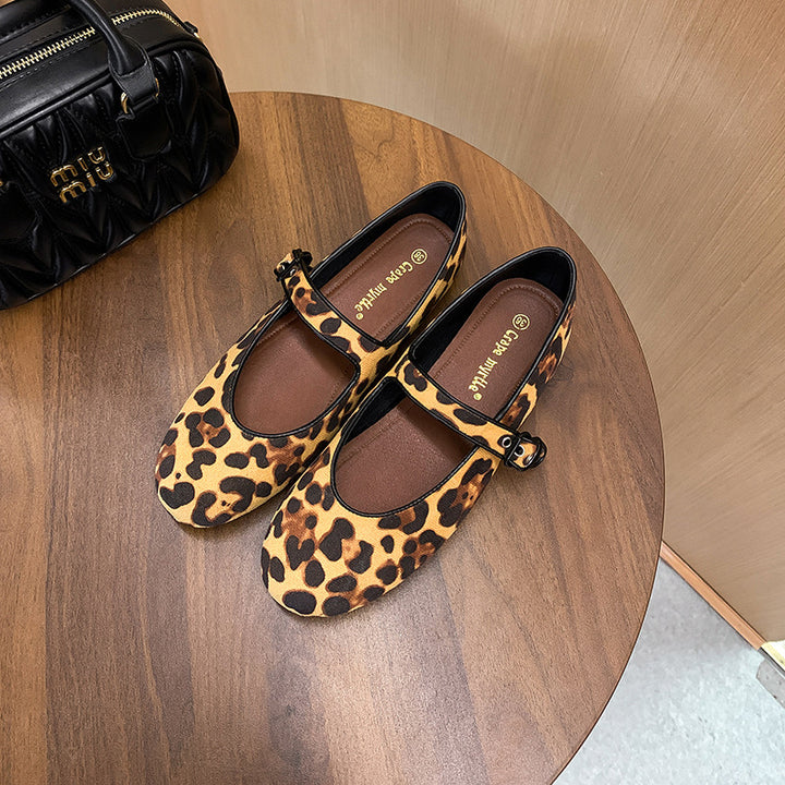 Dame Mary Jane Ballerinas med stilfuldt leopardmønster og komfortabel spænde Stilla