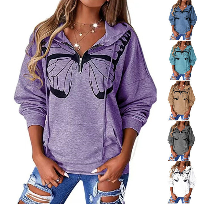 Dame Hoodie med unikt sommerfugletrykt og praktiske lynlåsdetaljer Stilla
