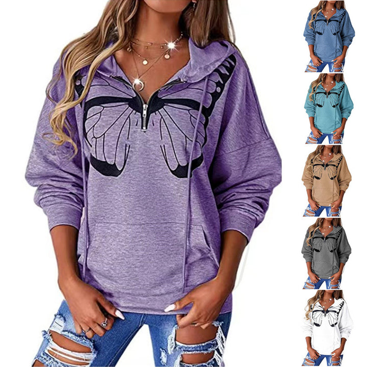 Dame Hoodie med unikt sommerfugletrykt og praktiske lynlåsdetaljer Stilla