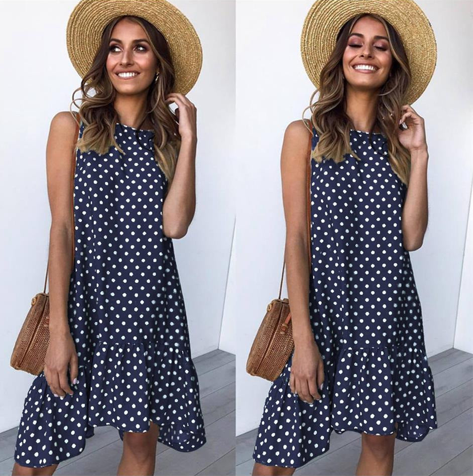 Dame Sommer Polka Dot Shift Kjole med Flæsekant Stilla