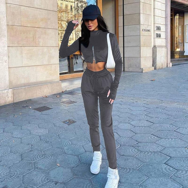 Dame Sporty Cropped-Sæt med Lynlås og Praktiske Lommer Stilla