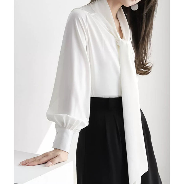 Dame elegant Bluse med sløjfe krave og puffærmer Stilla
