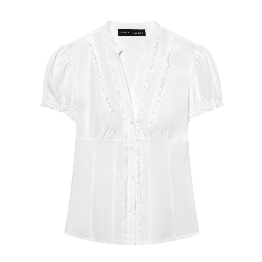 Damebluse med dekorative flæse detaljer og fine striber Skovae
