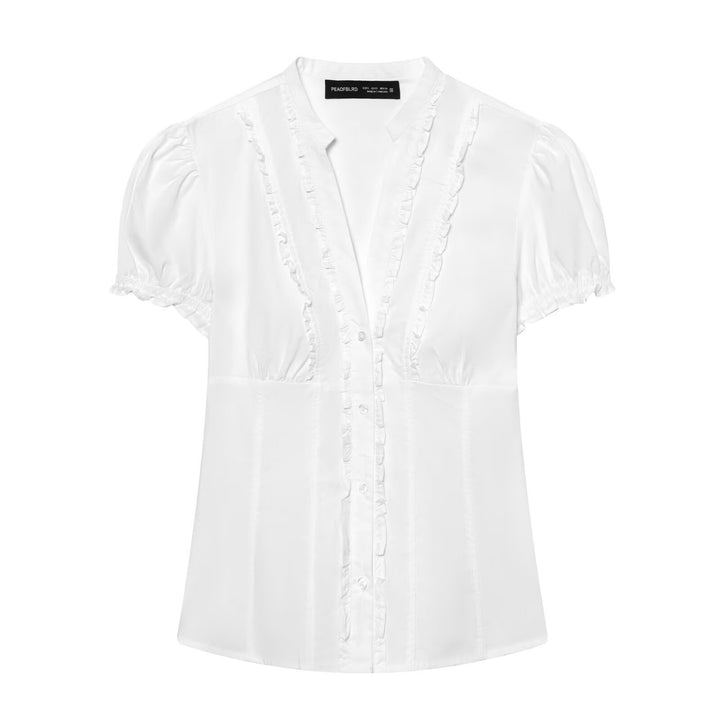 Damebluse med dekorative flæse detaljer og fine striber Skovae