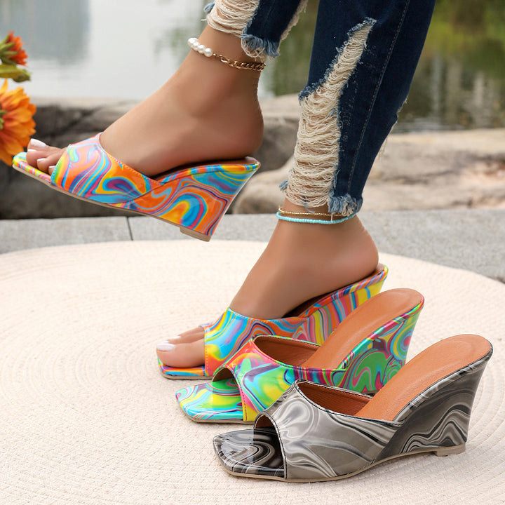 Dame Wedge-Pantoletten med moderne marmor-design og komfortabelt fodsenge Stilla