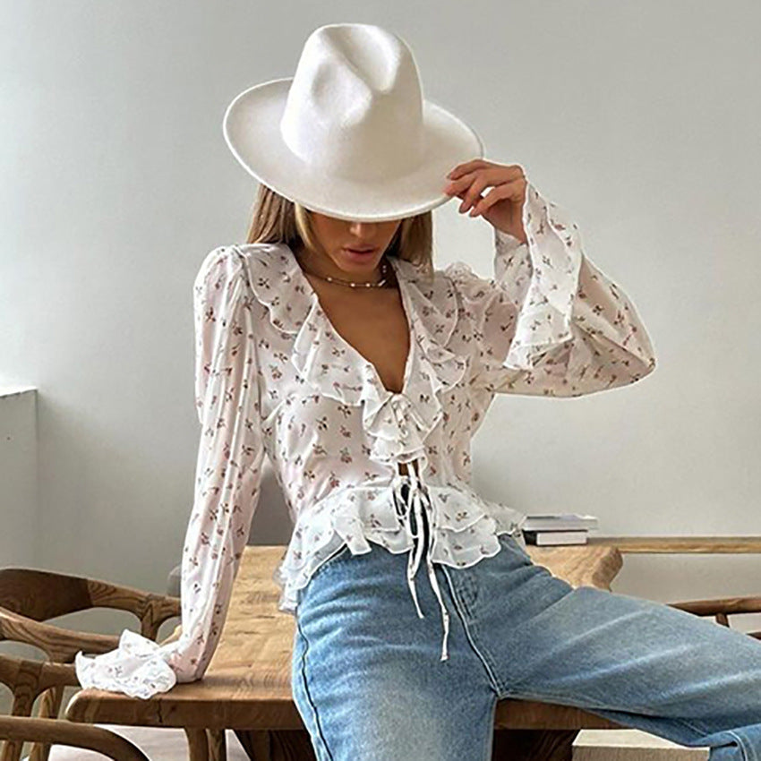 Dame Ruffle top med blomsterdesign og justerbar bindebånd Stilla