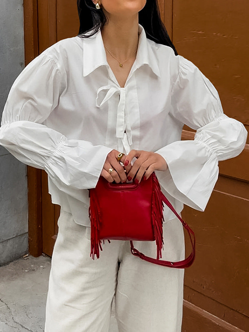 Dame elegant bluse med ruffle detaljer og legende snoretræk Stilla