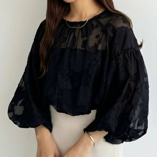 Dame Gennemsigtig Blomster Puffærmer Bluse Stilla