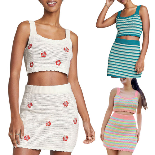 Damer hæklede Crop-Top og miniskørt sæt med blomsteraccenter Skovae