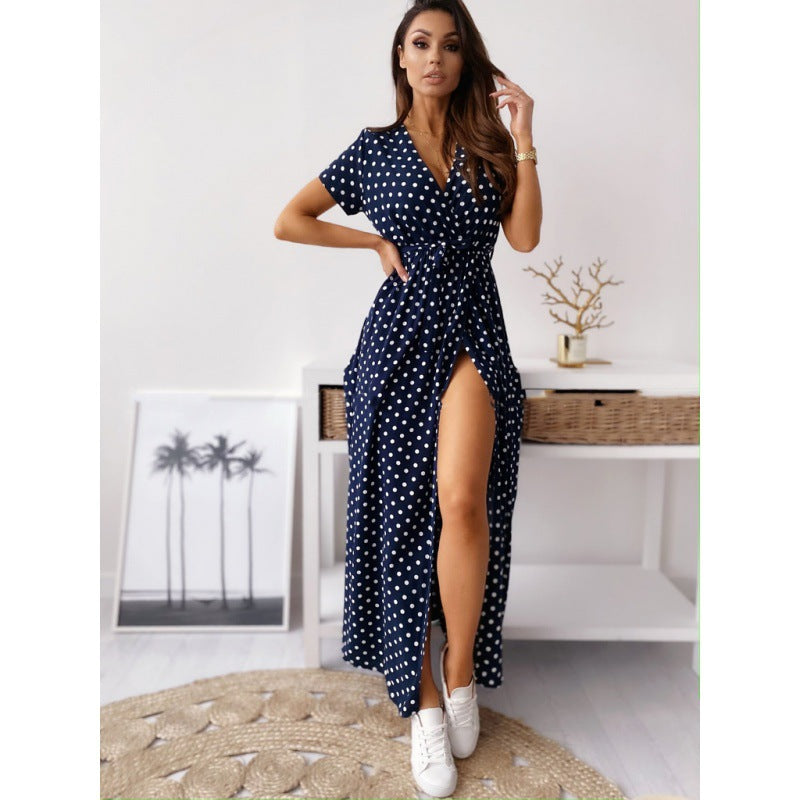 Dame Polka Dot Maxi Kjole med Sideslids Stilla