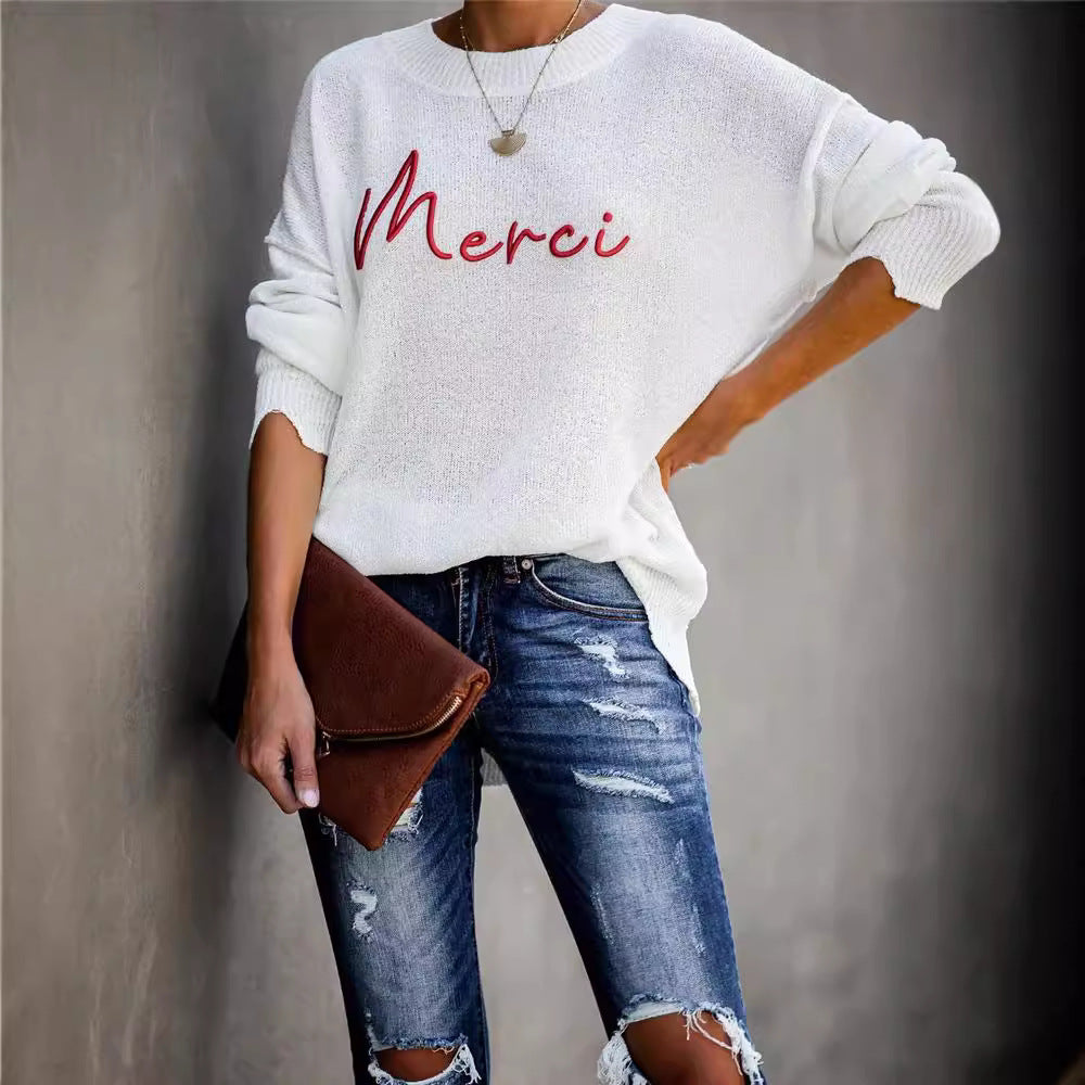 Dame grovstrikket pullover med stilfuld skrift Stilla