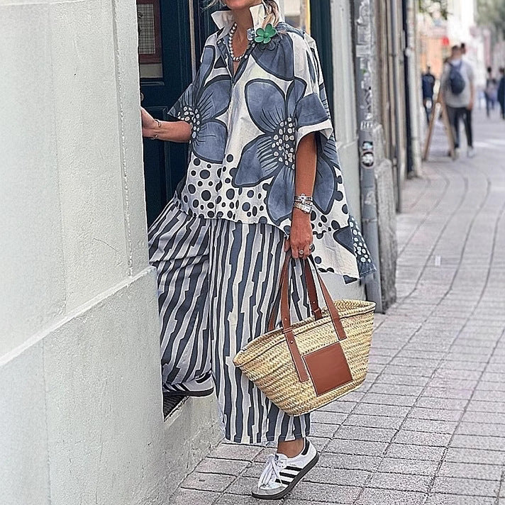 Dame Stilfuldt Floralprint Poncho og Bred-Bukser Sæt Stilla