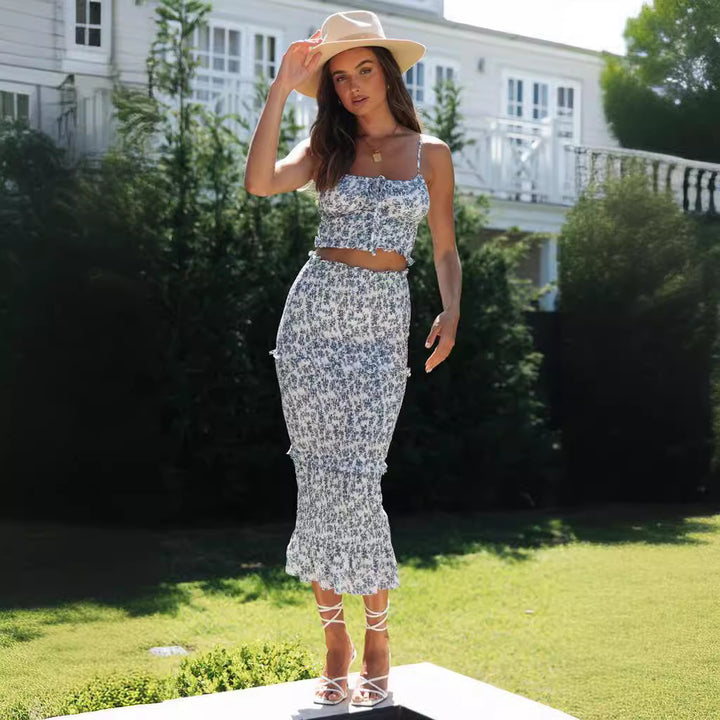 Kvindernes To-dels Sæt bestående af Crop Top og Midi Nederdel med Blomsterdesign Stilla