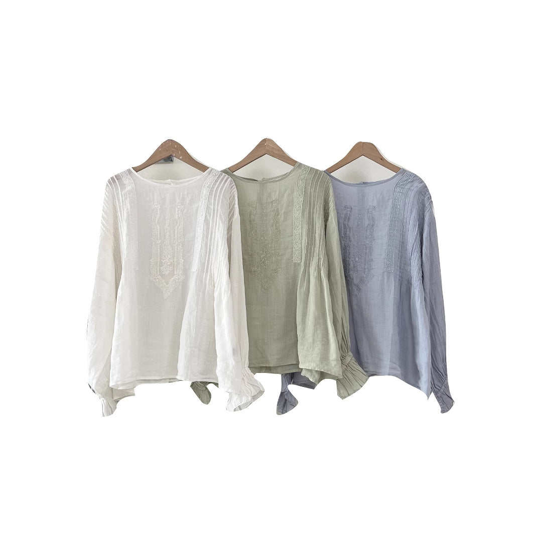 Femme Elegant Broderet Langærmet Bluse Stilla