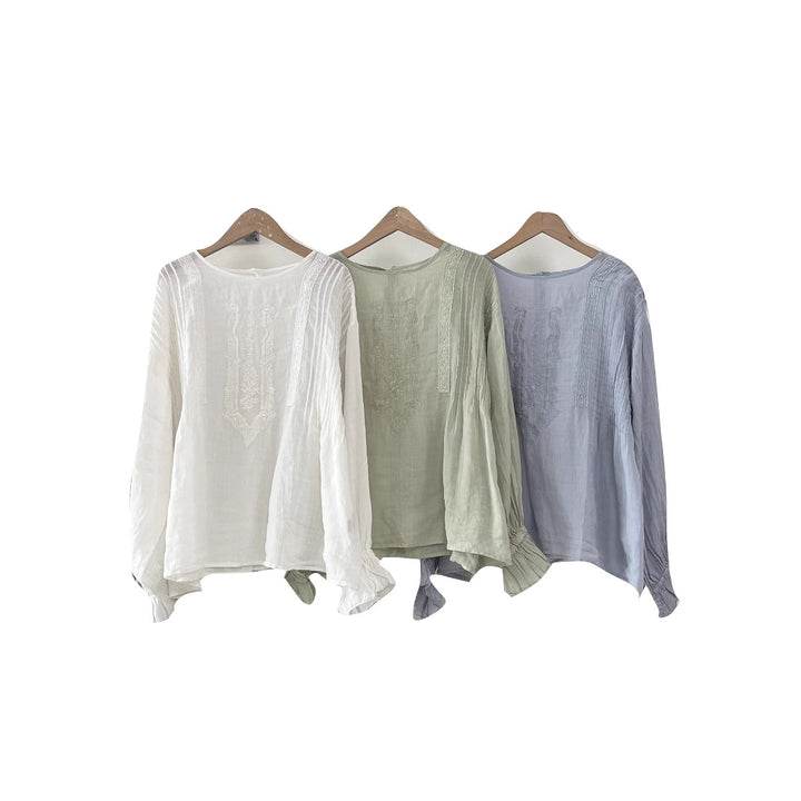 Femme Elegant Broderet Langærmet Bluse Stilla