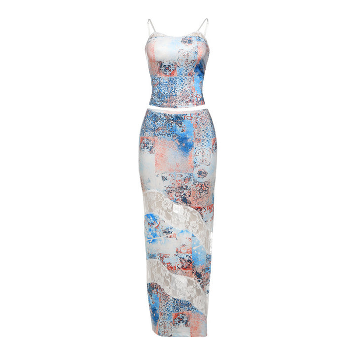 Dame maxikjole i den trendy patchwork-stil med spidsdetaljer Stilla