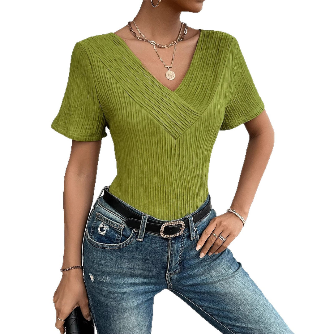 Women Elegant T-Shirt med V-Hals og Plisseret Struktur Stilla