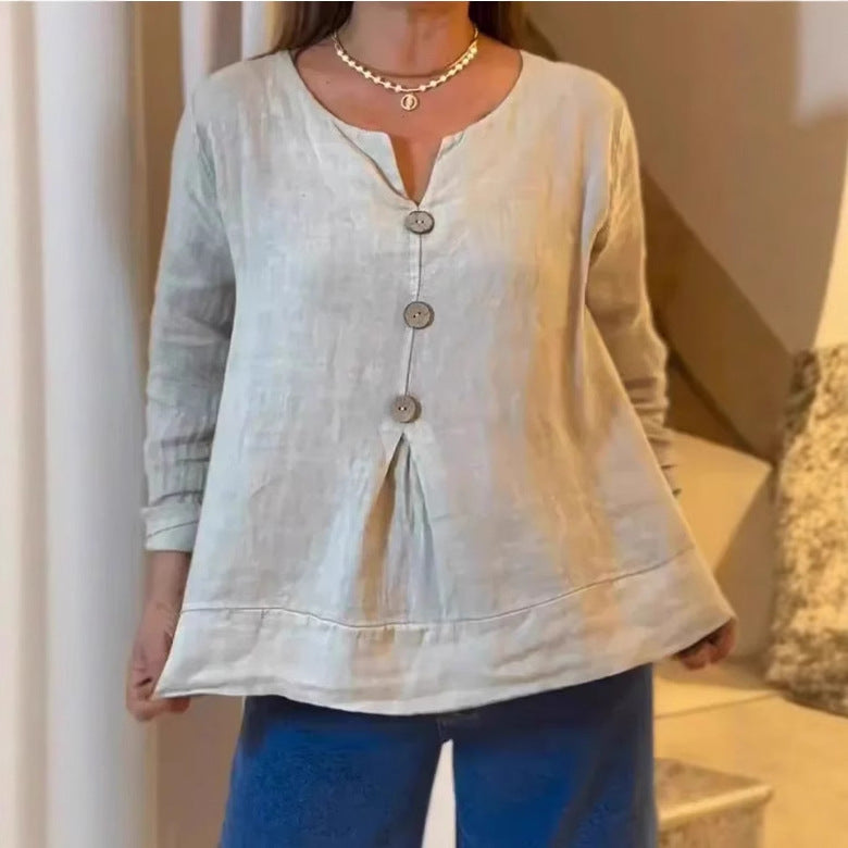 Dame Let bluse i linen med knapdetalje og plisserede elementer Stilla