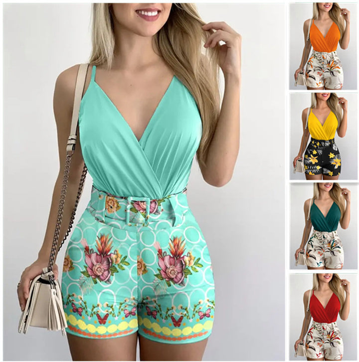 Dame Floral Print Wrap Bodysuit med Højtaljede Shorts Stilla