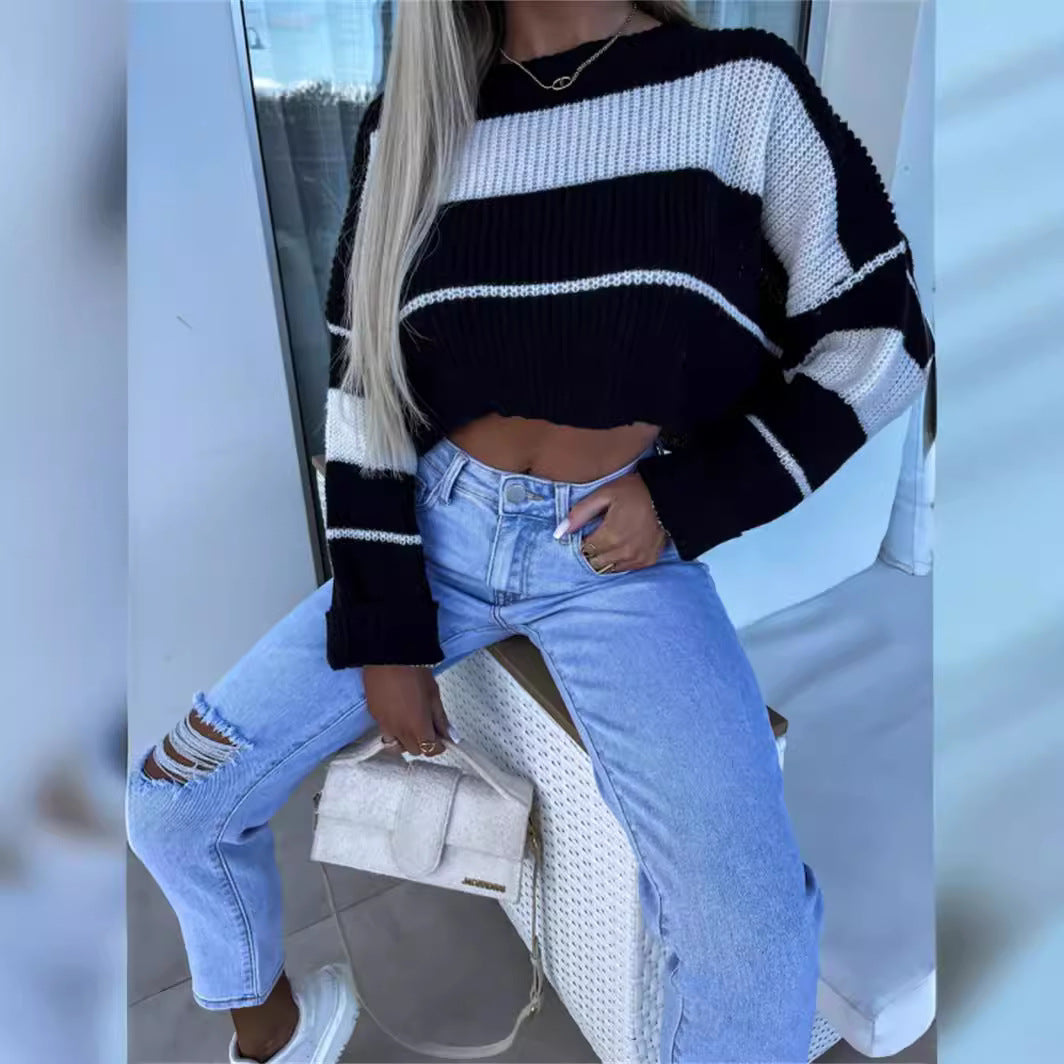 Dame cropped striktrøje med fashionable striber Stilla