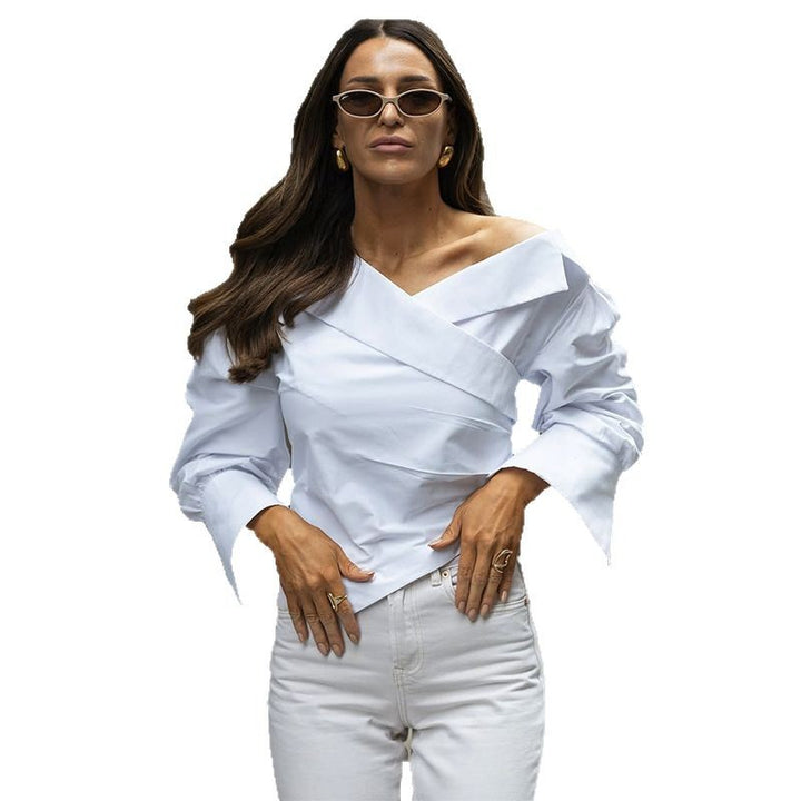 Dame smart asymmetrisk bluse med dekorativt indpakket design og puffærmer Stilla