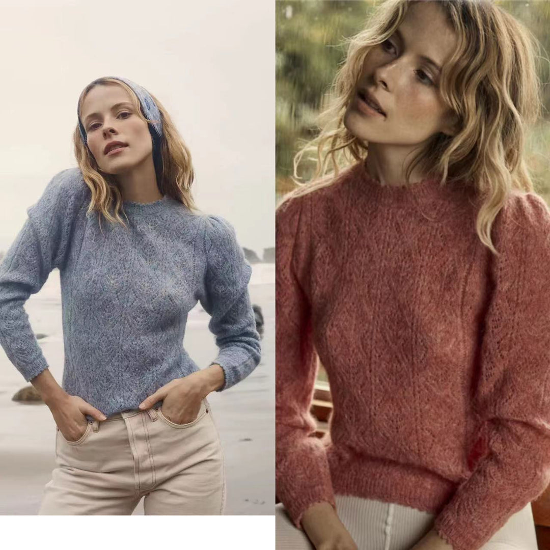 Dame finstrikpullover med elegante puffærmer og unikt teksturmønster Stilla