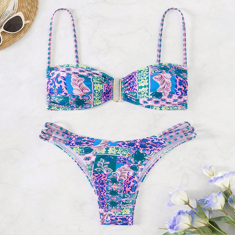 Dame bandeau-bikini med moderne patchwork-design Skovae
