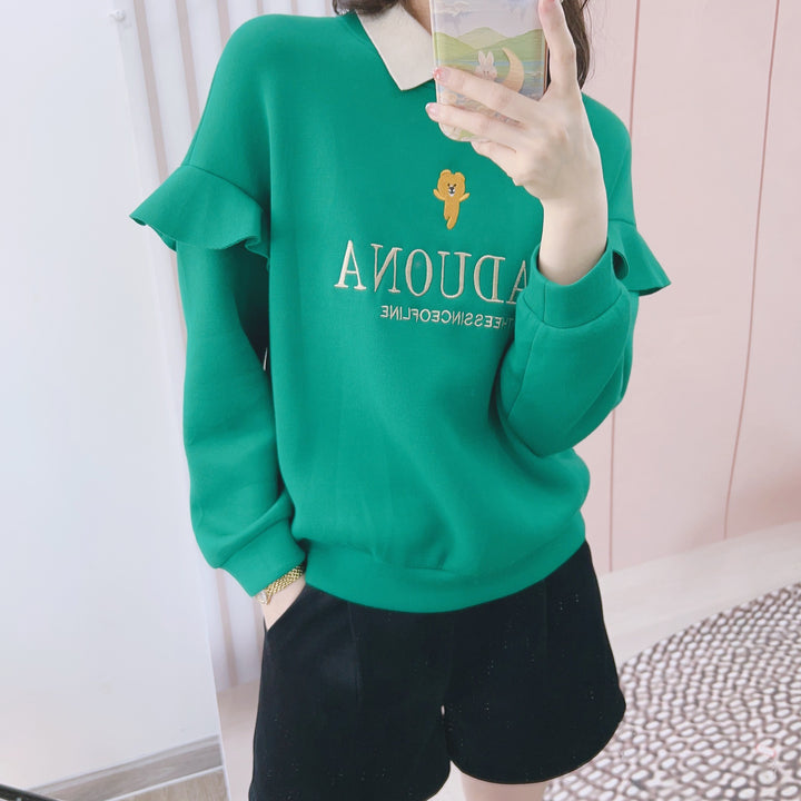Dame sweatshirt med moderigtigt flæse-design og klassisk krave Stilla