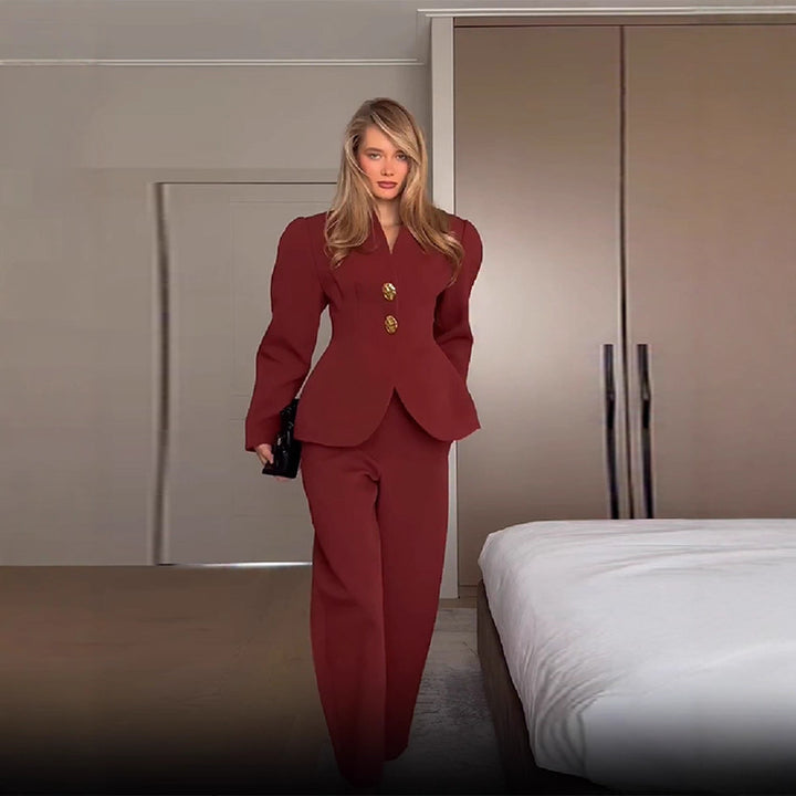 Kvinder Elegant Blazer og Bukser Sæt med Guldknapper Stilla