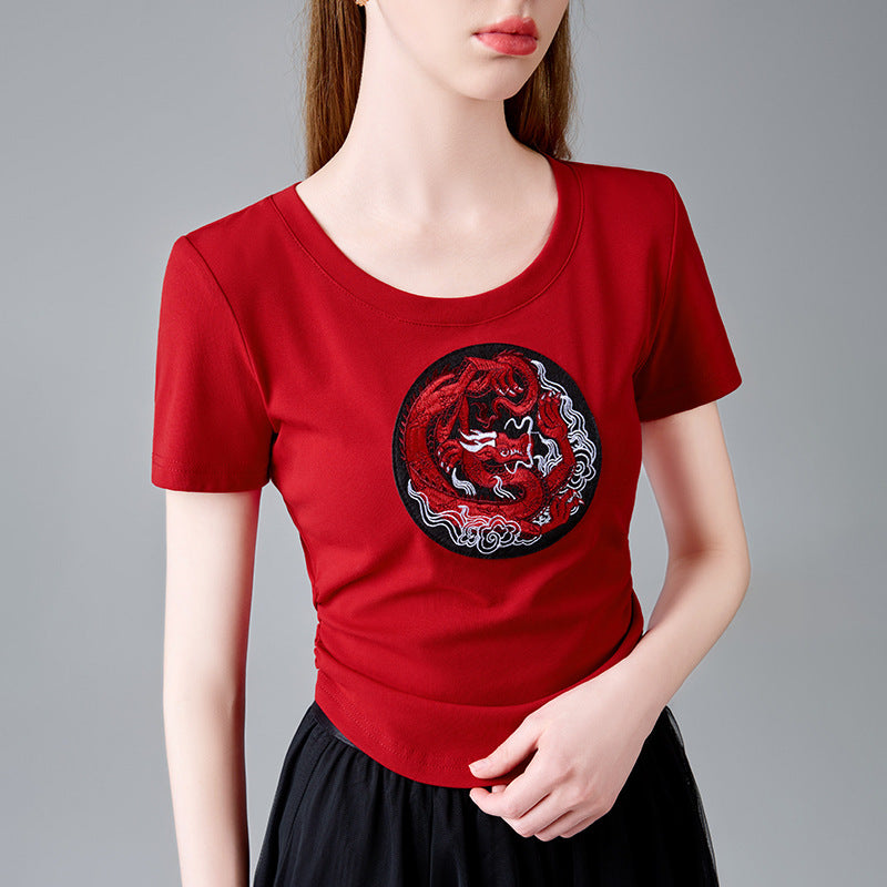 Dame T-Shirt med farverig dragebroderi Stilla