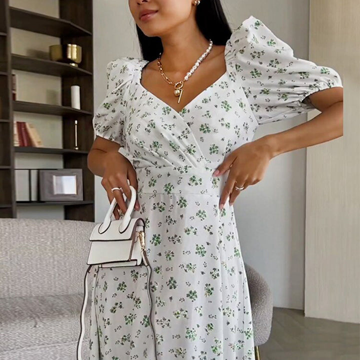 Dame Elegant Maxi Kjole med Puffærmer og Blomster Mønster Stilla