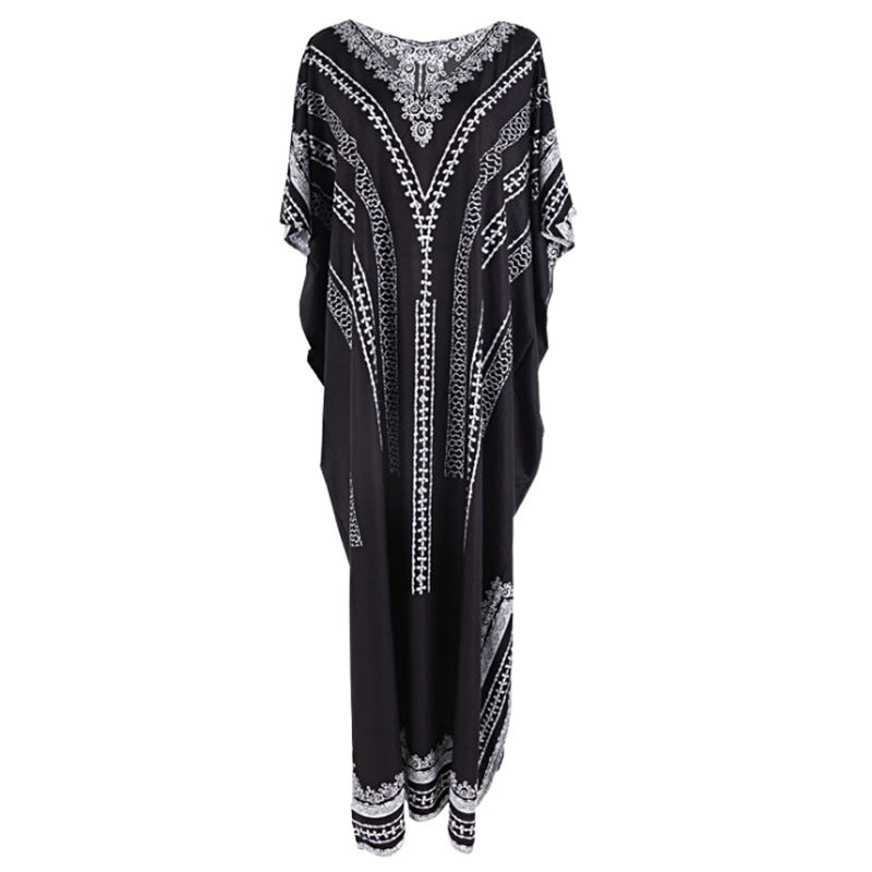 Dame Kaftan med kunstnerisk etnomønster og brede ærmer Stilla