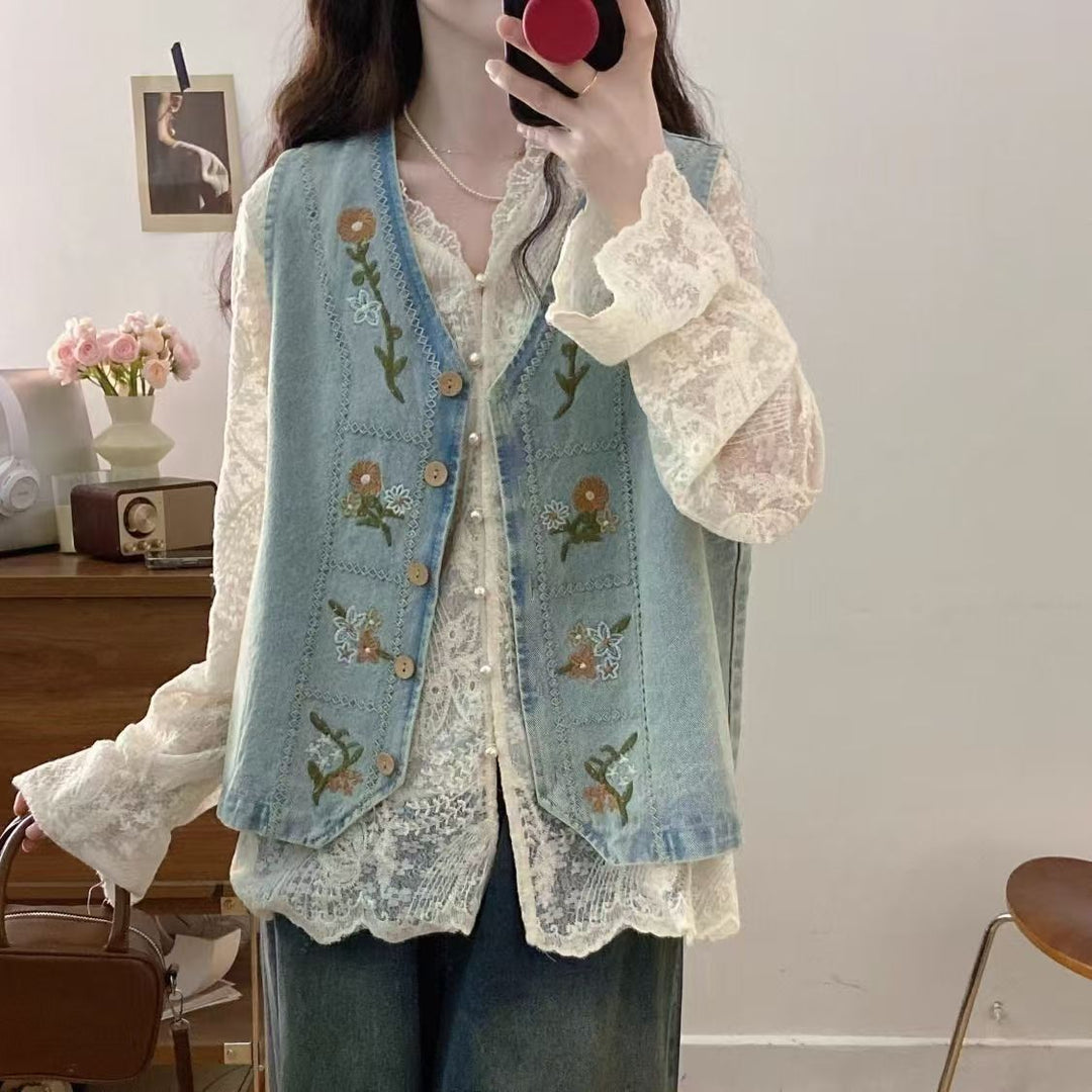 Kvinders denimvest med blomsterbroderi design Stilla
