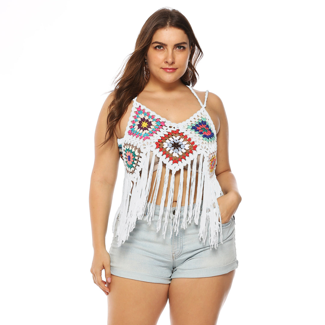 Damer hæklet Crop-Top med farverigt frynse-design Skovae