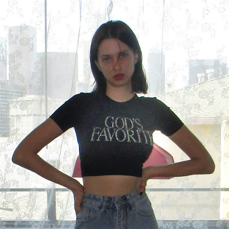Dame Crop-T-Shirt med glinsende skrift Stilla
