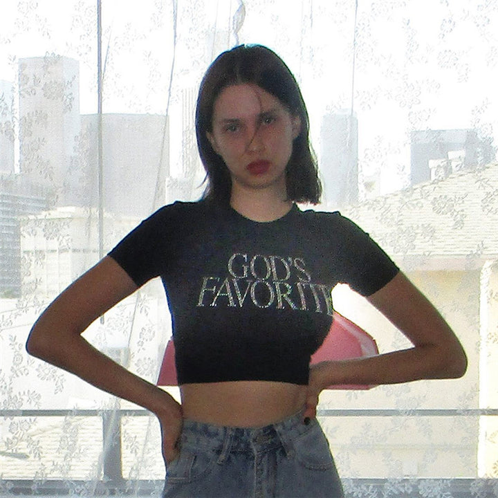 Dame Crop-T-Shirt med glinsende skrift Stilla