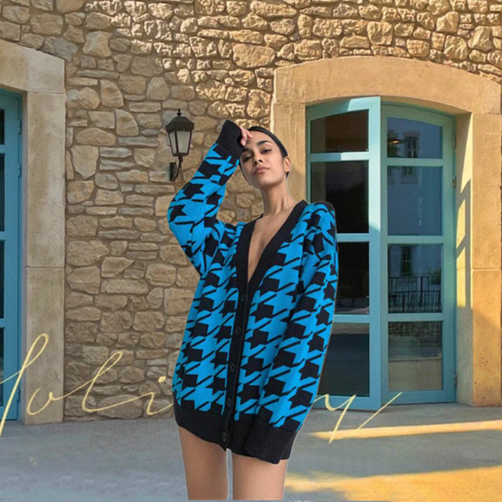 Kvinders mode cardigan i houndstooth mønster Stilla