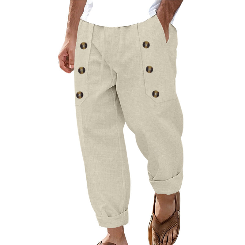 Herren nan loose linen pants with decorative button stripes, rolled ankle hem and side pockets Skovae