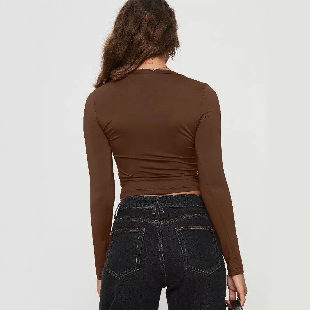 Dame Langærmet Crop-Top med dyb rund halsudskæring af blødt materiale Stilla