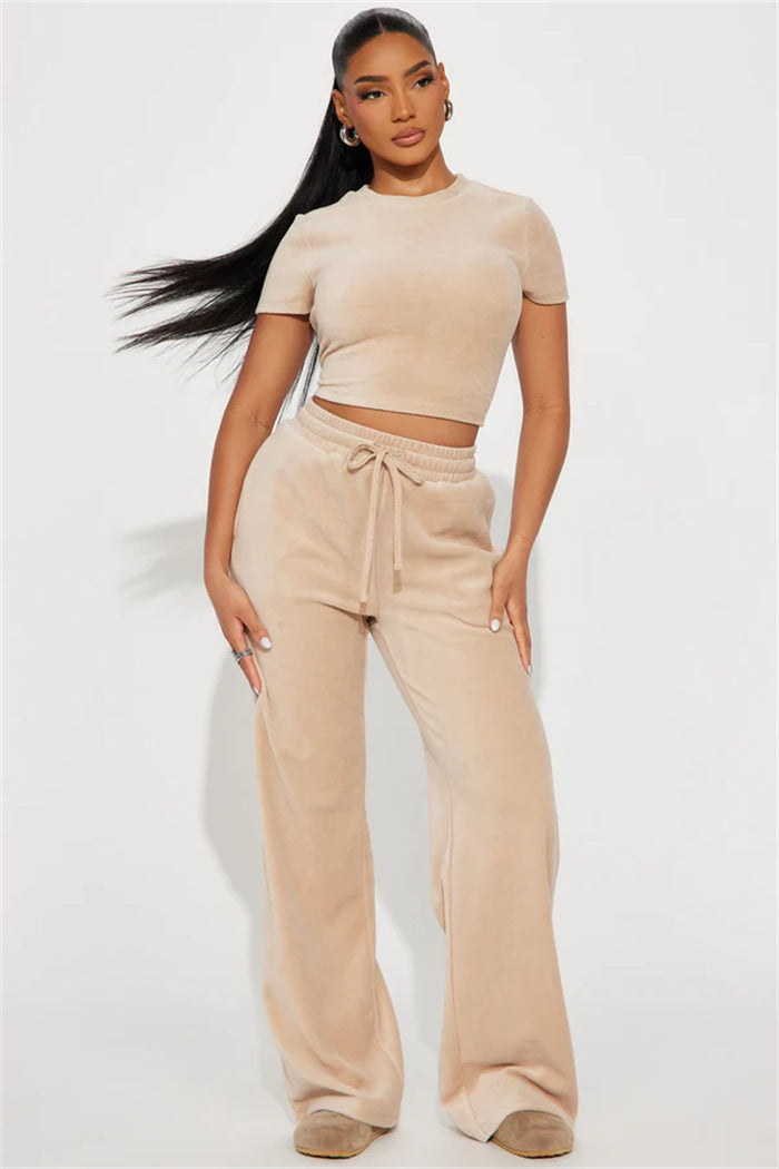 Damernes bløde velour loungewear sæt med cropped top og løse bukser Skovae