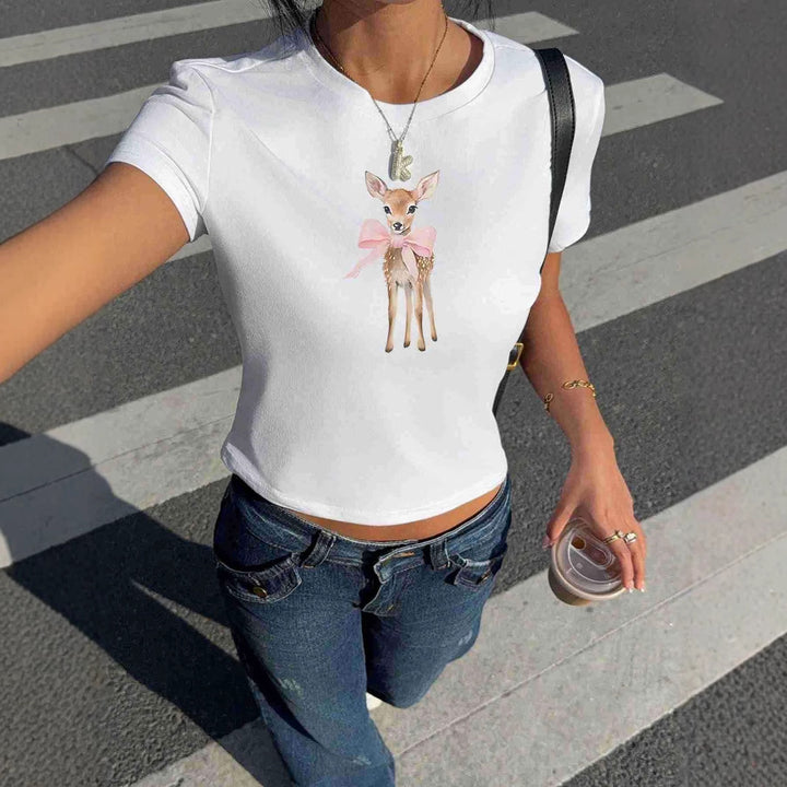 Dame T-shirt med sødt rådyrmotiv og farverig tryk Skovae