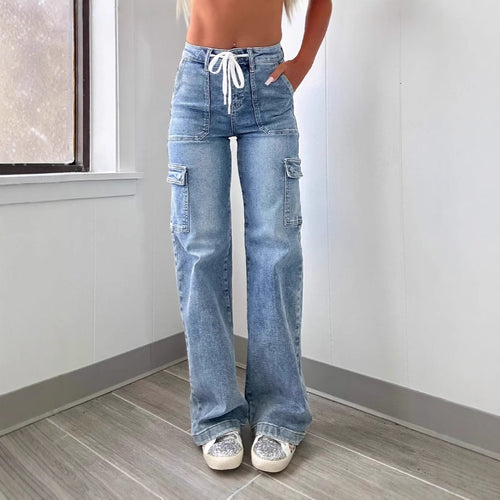 Kvindernes cargo jeans med bred ben og justerbar talje Stilla
