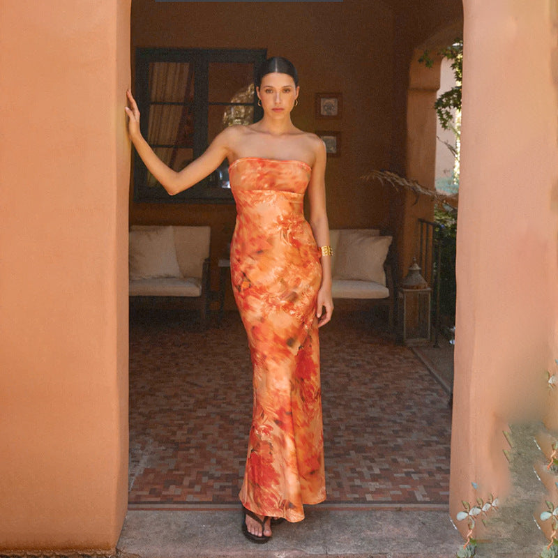 Damer elegant strapless maxikjole med blomsterdesign og tætsiddende snit