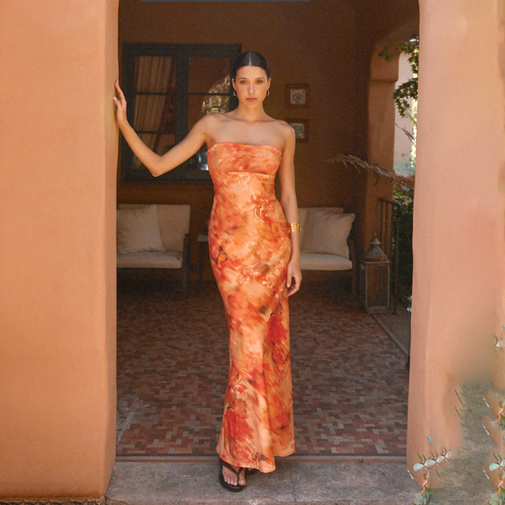 Damer elegant strapless maxikjole med blomsterdesign og tætsiddende snit