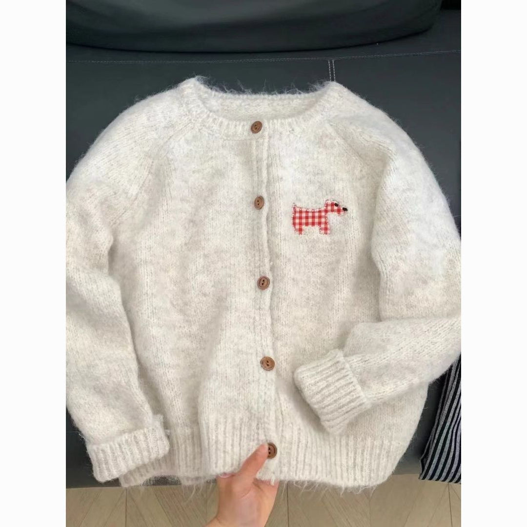 Dame Cozy Knit Cardigan med Dekorativt Hundemotiv Stilla