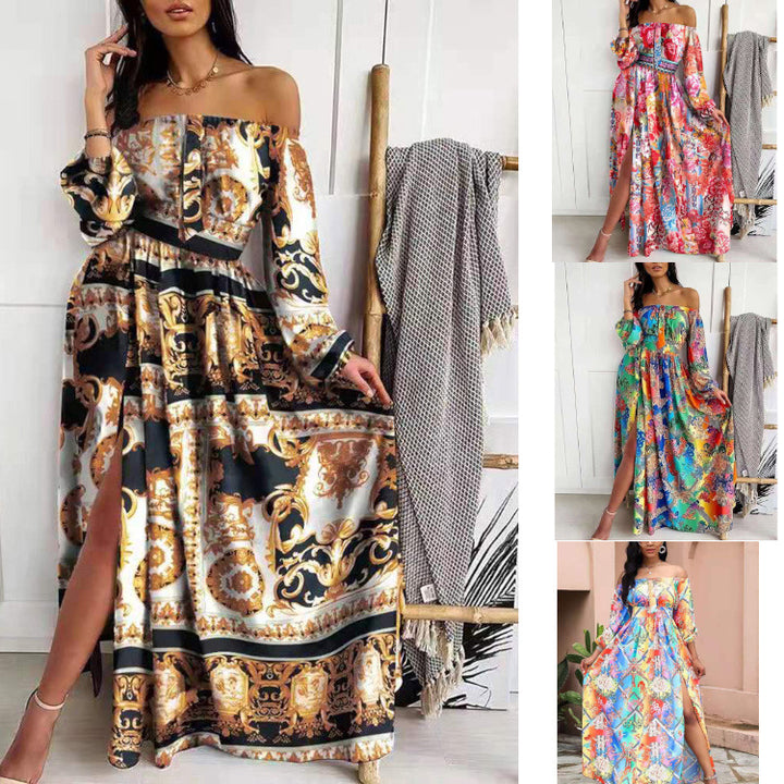 Dame Maxikjole i elegant Off-Shoulder stil med tiltalende mønstre og slidsdetaljer Stilla