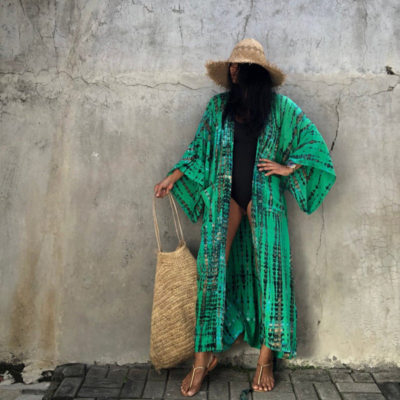 Dame strandvenlig kaftan med lang skæring og elegant bindebælte Stilla
