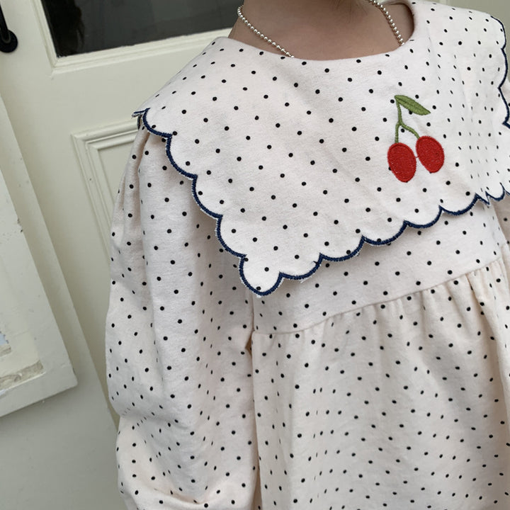 Pige Polka Dot broderet A-linje kjole med bølget krave Stilla