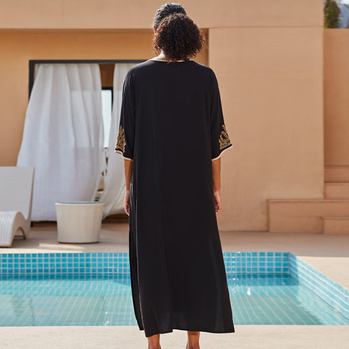 Dame Maxi-Kaftan med elegant guldbroderi Stilla