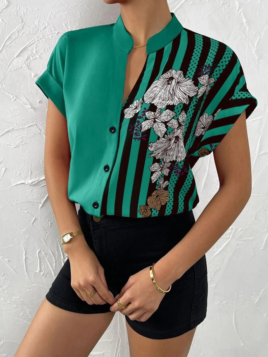 Dame stilfuld Button-Up-bluse med blomstertryk-patchwork Stilla